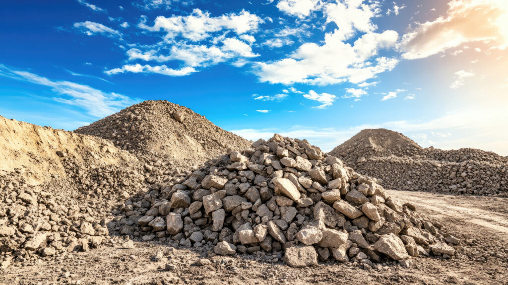 Tas de granulats pour béton calcaire et quartz roulé en Dordogne